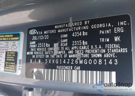 2021 Kia K5 Lxs z USA, uszkodzony, nr VIN 5XXG14J26MG008143